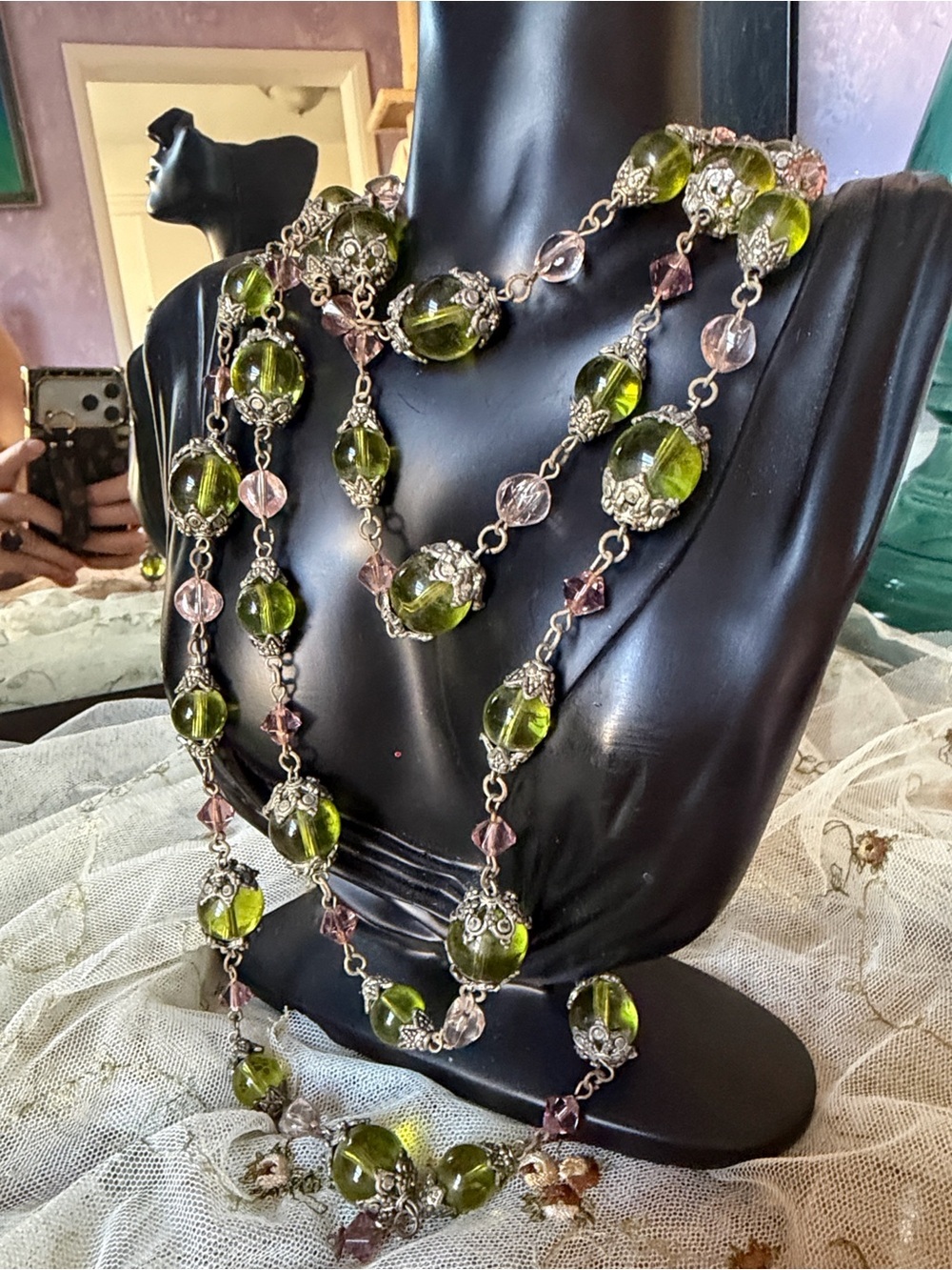 18.5” Chezch Green and Pale Pink Glass Open Ended Beaded Necklace
